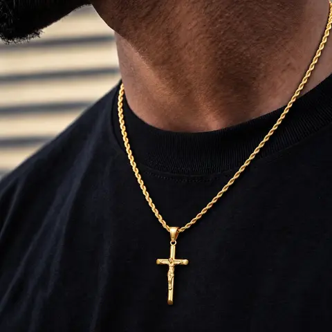 Vintage Retro Gold Cross Crucifix Necklace for Adults, Hypoallergenic Gold-Plated Pendant with 3mm Rope Chain, Baptism Ceremony Spiritual Costume Jewelry, Spiritual Jewelry