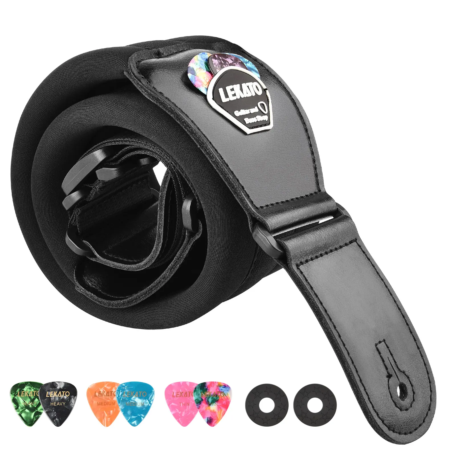 LEKATO LGS-2 Bass Guitar Straps, for Electric Guitar & Bass, 3" Wide Bass Strap, Padded Guitar Straps, Adjustable Length from 45" to 55", Bass Guitar Strap with Pick Holder 2 Safety Strap Locks & 6 Picks