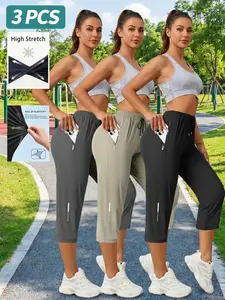 3-Pack Women’s Summer High-Stretch Quick-Dry Running Capris — Zipper Pockets, Ice Silk Breathable Fabric, Non-Clammy Sweat, Fitness Training, Outdoor Casual Sports Pants