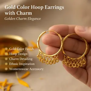 Gold Plated Hoop Earrings for Women, Indian Punjabi Bali Style with Charm Detailing, Ethnic Inspired Fashion Accessory, Ethnic Inspiration