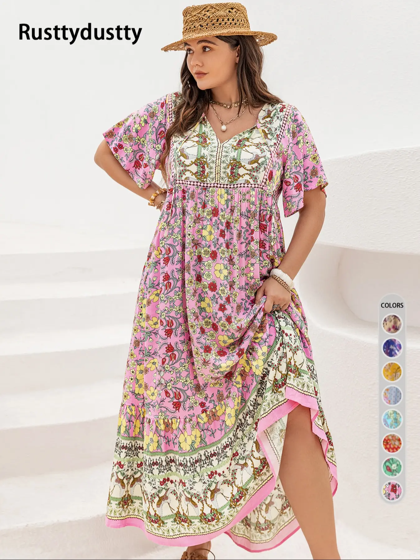 Plus Size Patchwork Floral Print Tie Neck Contrast Lace Ruffle Hem Long Dress, Boho Butterfly Sleeve Smock Dress, Ladies Summer Clothes for Vacation - TikTok Shop Plus Size Patchwork Floral Print Tie Neck Contrast Lace Ruffle Hem Long Dress, Boho Butterfly Sleeve Smock Dress, Ladies Summer Clothes for Vacation - TikTok Shop