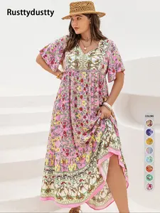 Plus Size Patchwork Floral Print Tie Neck Contrast Lace Ruffle Hem Long Dress, Boho Butterfly Sleeve Smock Dress, Ladies Summer Clothes for Vacation