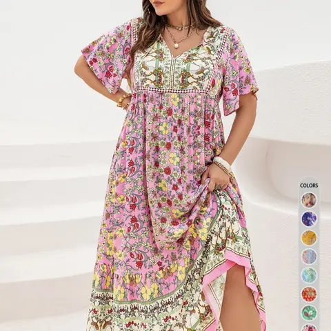 Plus Size Patchwork Floral Print Tie Neck Contrast Lace Ruffle Hem Long Dress, Boho Butterfly Sleeve Smock Dress, Ladies Summer Clothes for Vacation, Boho Summer Holiday