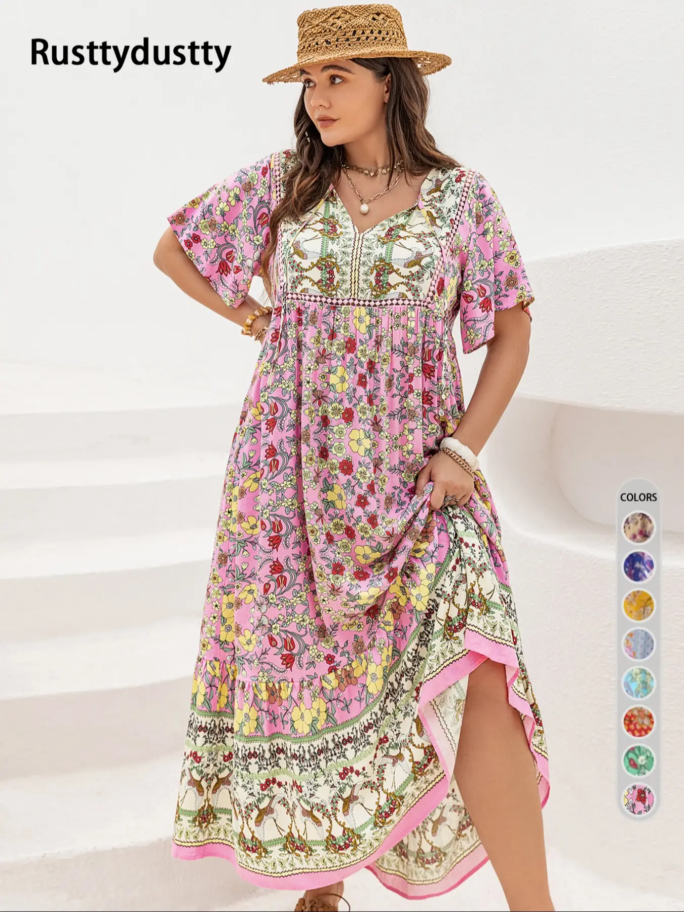 Plus Size Patchwork Floral Print Tie Neck Contrast Lace Ruffle Hem Long Dress, Boho Butterfly Sleeve Smock Dress, Ladies Summer Clothes for Vacation