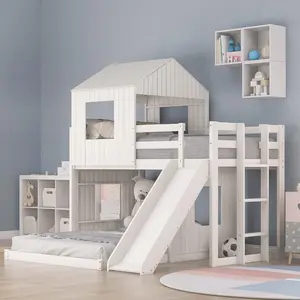 Twin Over Full Bunk Bed Frames Loft Bed with Slide, House Roof, Window and Safety Guardrails for Boys or Girls, Bunk Beds Twin Over Full ,Bunk Beds with Slide ,Bunk Beds with Sotrage Cabinet & Stairs