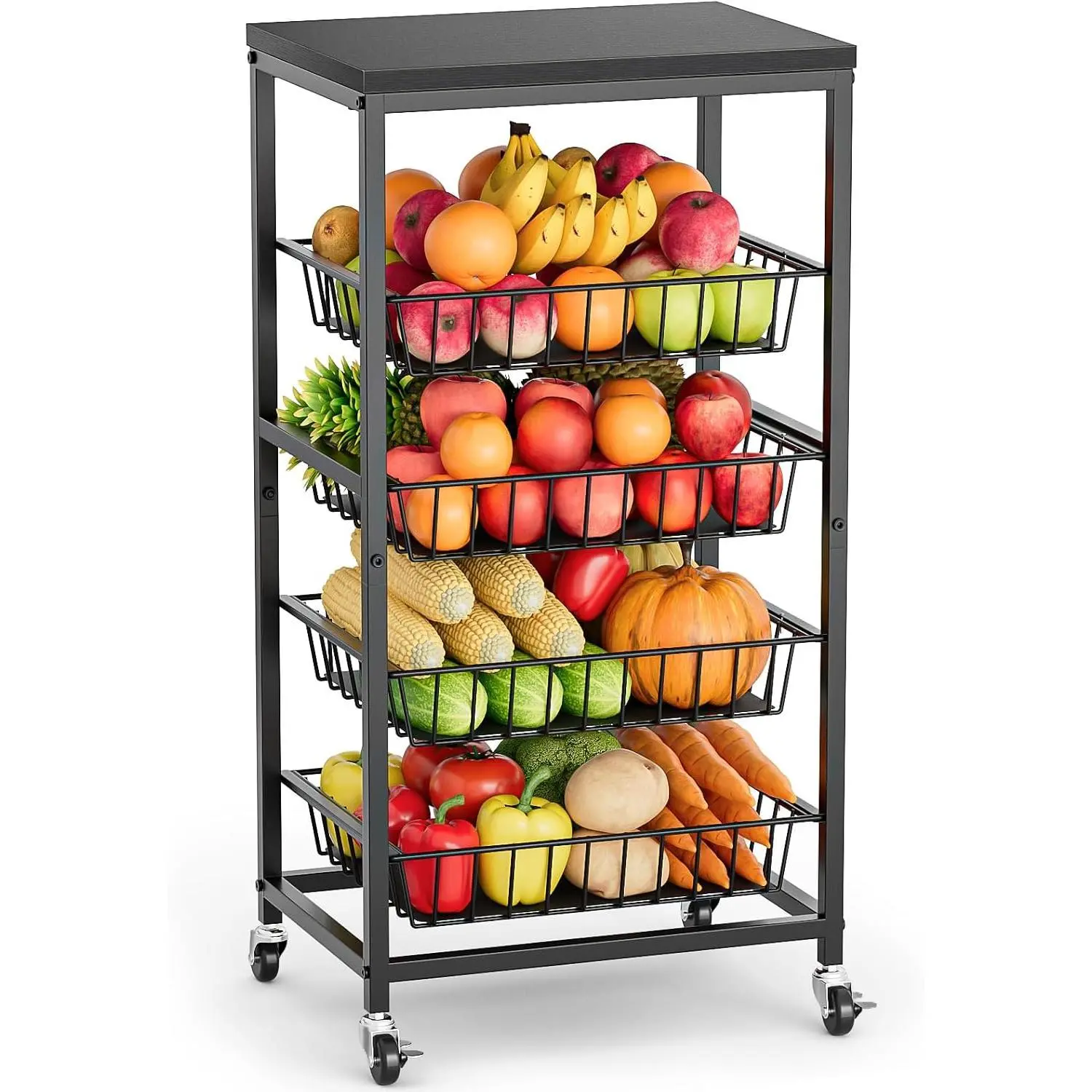 Snack Cart, 5-Tier Kitchen Carts on Wheels with Storage,Fruit Basket Stand with Pull-Out Baskets and Wood Top,Kitchen Organizer for Fruit Vegetable Snack (Black)