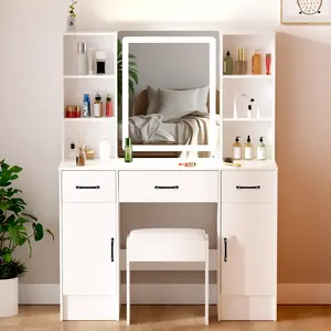 Makeup Vanity with Lights in 3 Colors, White Vanity Desk with Touch Screen Mirror and LED Lights, Vanity Table with Stool, Makeup Desk with Visible Drawers, Hidden and Open Storage Shelves