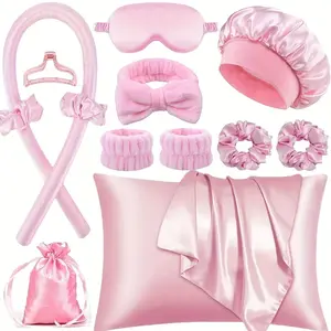 13-Piece No Heat Hair Curling Set, Heatless Hair Curlers, Sleep Cap & Eye Mask, Single Pillowcase, Ideal Gift for Mother's Day & Valentine's Day