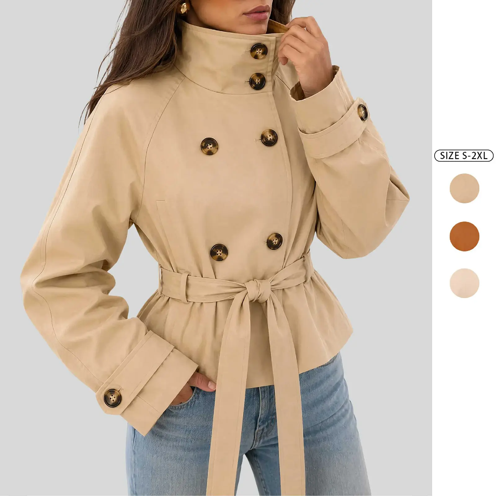 Women’s Cropped Trench Coat, Double Breasted High Stand Collar Belted Jacket, Oversized Long Sleeve Khaki Windbreaker, Elegant Casual Fall Spring Outerwear