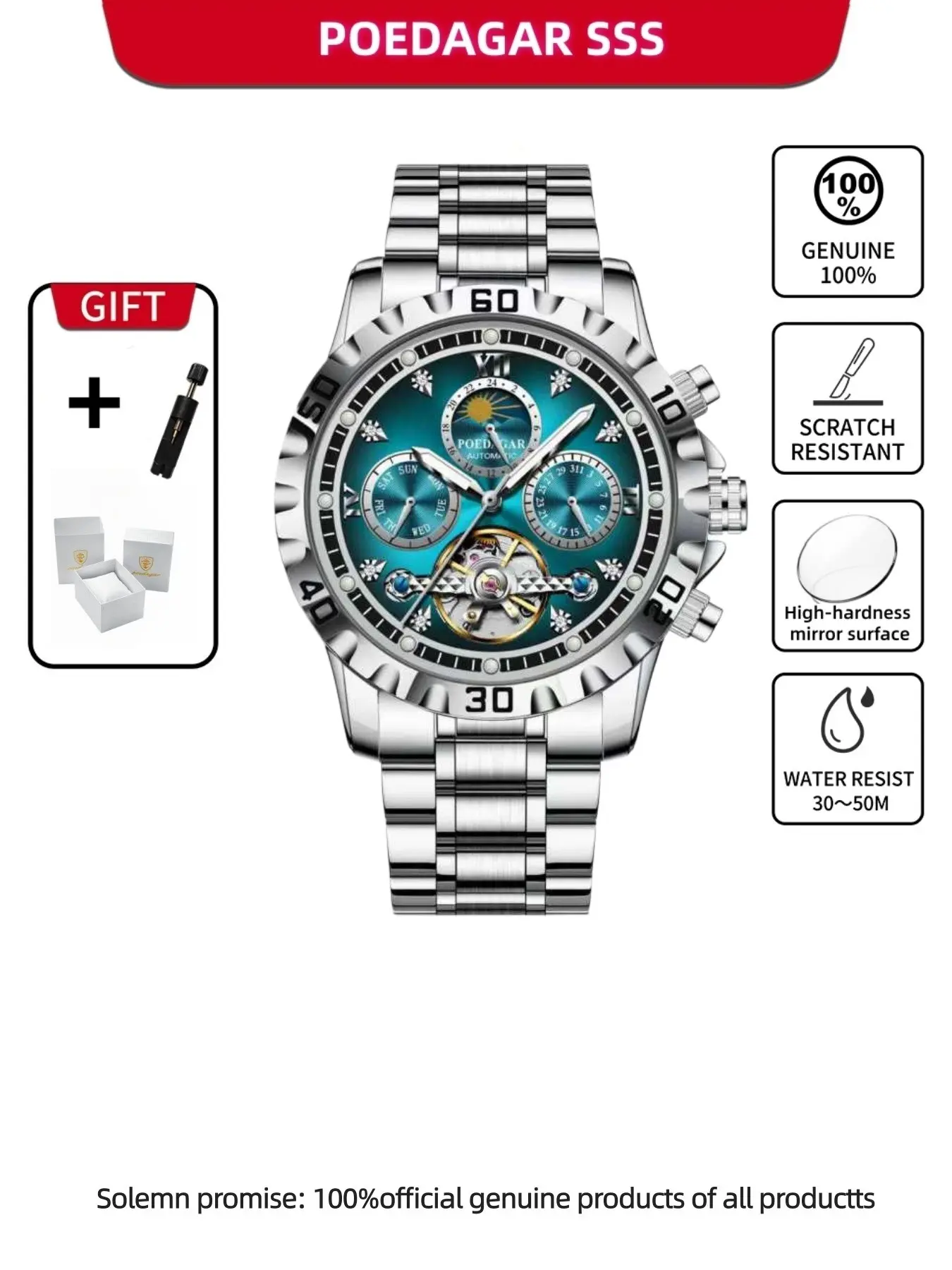 Poedagar Luxury Men's Mechanical Fashionable Waterproof Watch, Hollow Tourbillon Design, Fully Automatic Stainless Steel, Includes Box