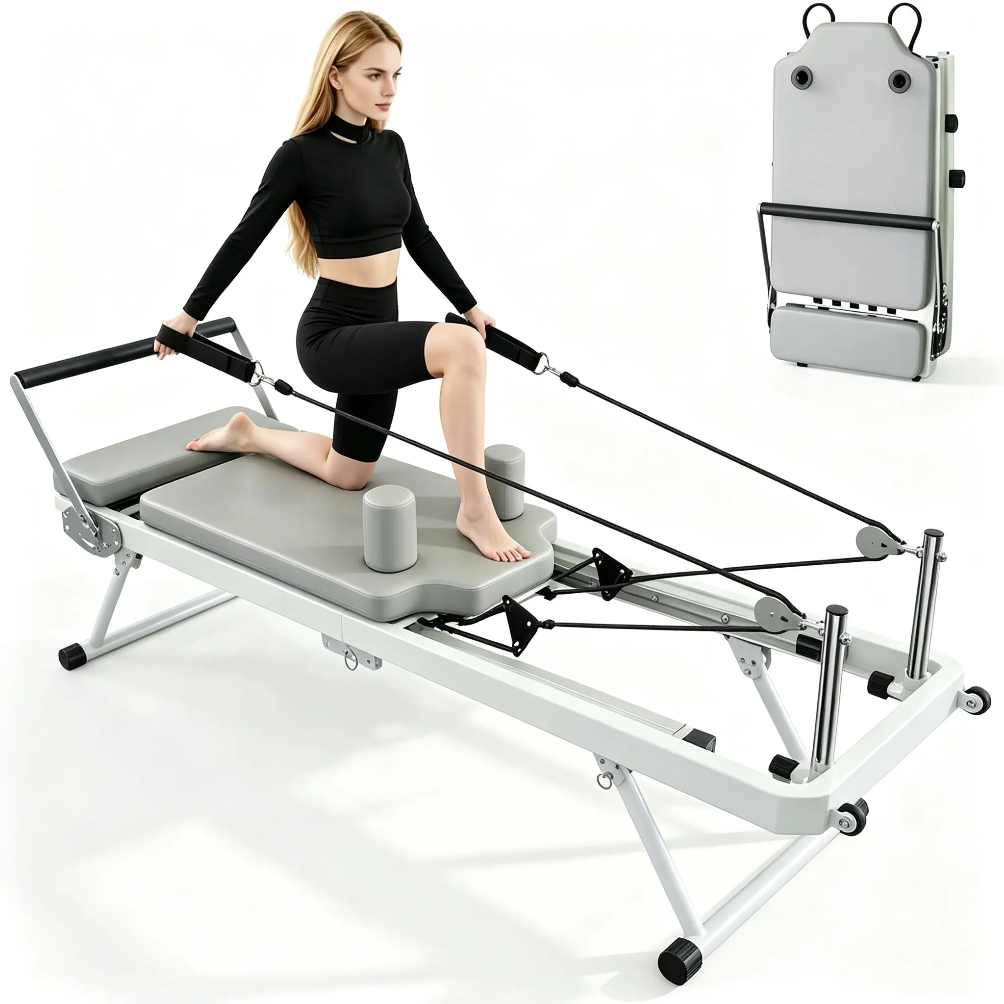 Foldable Pilates Reformer Machine for Home Gym, Alloy Steel Build, Space-Saving Design, 5 Adjustable Resistance Springs + Cords, Smooth Rails, 440 LBS Weight Capacity Full-Body Toning Workout Equipment