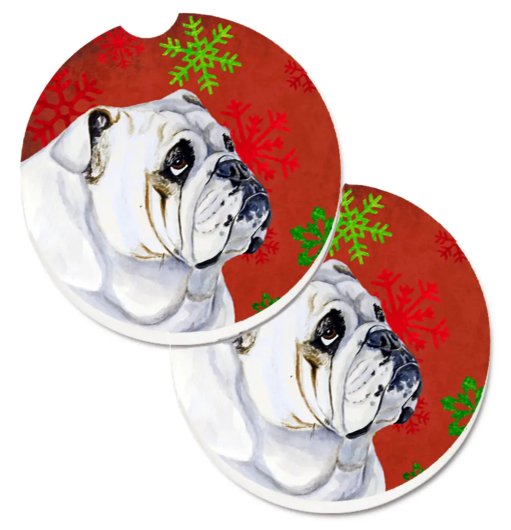 Bulldog English Red & Green Snowflakes Holiday Christmas Set of 2 Cup Holder Car Coaster