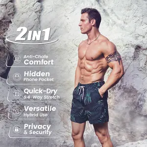 Surfcuz Swim Trunks with Compression Liner Swimming Trunks 5 Inch Bathing Suit Zipper Pockets Quick Dry Active Shorts