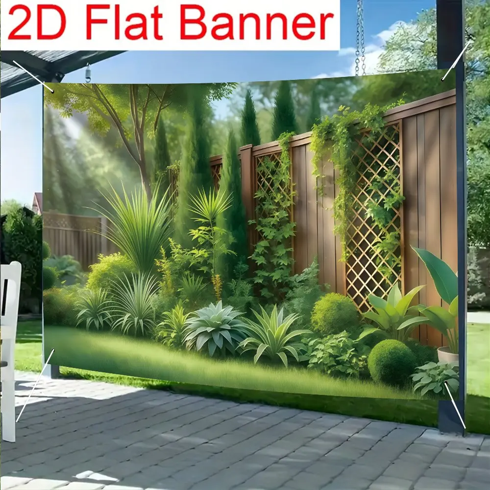 Lush Garden Decorative Banner with Wooden Fence and Climbing Plants, Polyester Wall Decor Wall Hanging Backdrop for Living Room, Bedroom, Office, Outdoor Parties, Festive Gifts, Outdoor Banners
