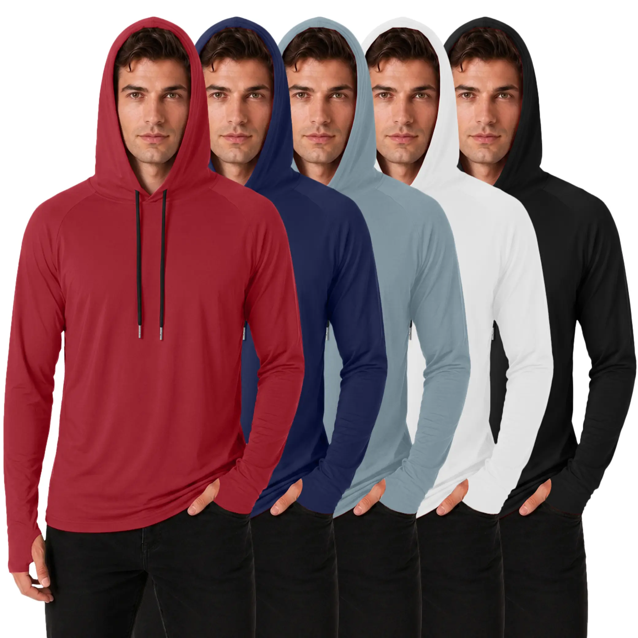 5 Pack Men Fishing Hoodie Sun UV UPF Protection Long Sleeve Shirts Athletic Gym Workout Hiking Running Lightweight Tops