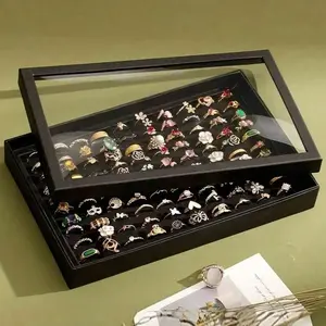 1pc 36/100 Position Ring Jewelry Box with Lid, Simple Velvet Ring Box, Dustproof Jewelry Storage Display Tray, Earring Jewelry Organizer