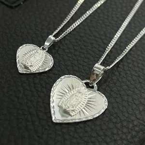 Sterling Silver Heart Virgen de Guadalupe Necklace Curb Link Chain for Womens Girls - Virgin Mary Pendant - Our Lady of Guadalupe Charm -