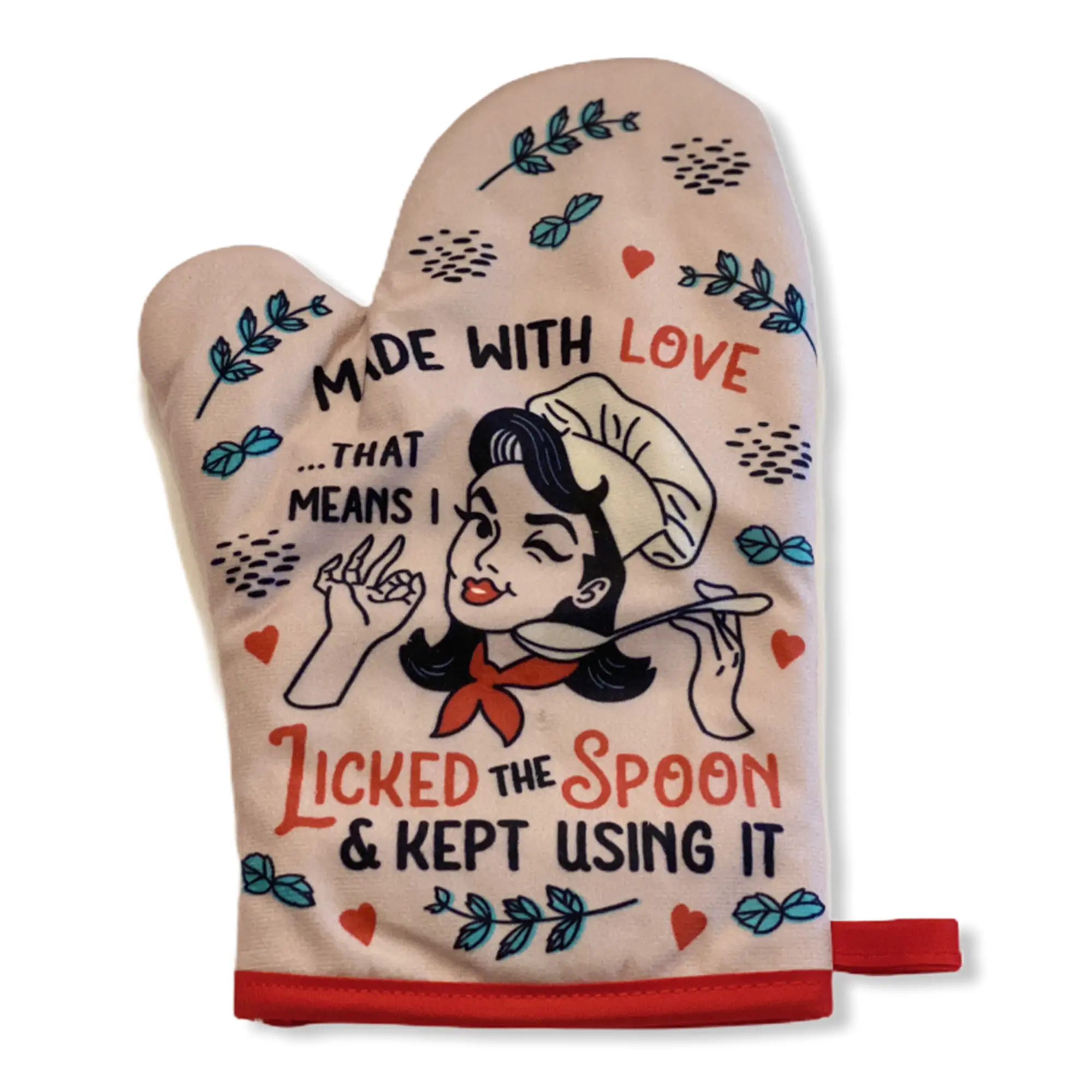 Made With Love That Means I Licked The Spoon and Kept Using It Oven Mitt Funny Graphic Kitchenware Bakeware Funny Food  Novelty Cookware Multi