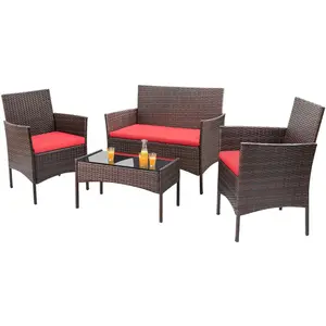 4-Piece Brown Rattan Wicker Outdoor Patio Furniture Set with Red Cushions