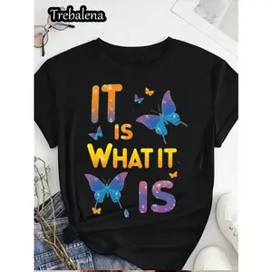 [100%25 Cotton] Plus Size Women'S   T-Shirt - Colorful Butterfly Graphic & "It Is What It Is" Inspirational Quote, Casual Short Sleeve Round Neck Top For Spring Summer Fall, Mother'S Day Juneteenth Gift, Ladies T Shirts Golf Gift T-Shirt For Men And Wome
