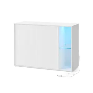 SONGMICS HOME Superfast Toolless Assembly, Storage Cabinet, Accent Buffet Cabinet with Lighting and Glass Shelf, Sideboard, Minimalist