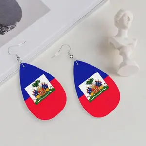 Haitian Flag Teardrop Earrings Lightweight Leather Patriotic Dangle Earrings for Women Girls