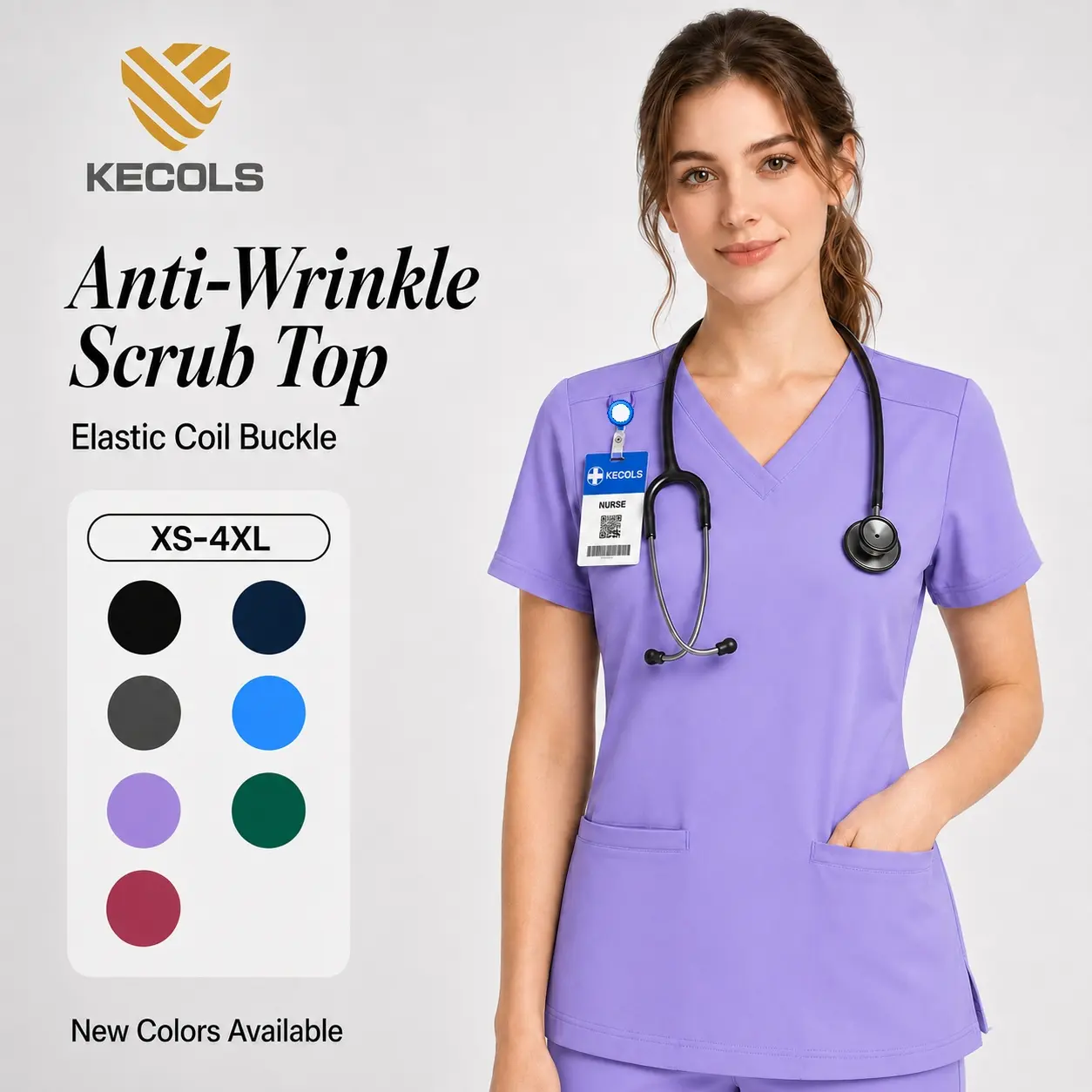 Kecols Women's Scrub Tops - Anti-Wrinkle V-Neck Short- Sleeve Work wear with 2 Pockets, Elastic Coil Buckle
