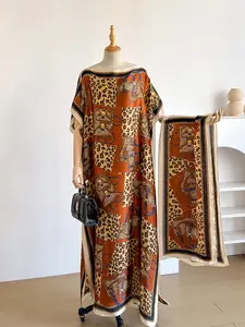 Women's Leopard Print Set, Sexy Moo Moo Long Dress Robe Hooded Shawl + Long Silk Scarf, Beach Sun Protection, All Seasons
