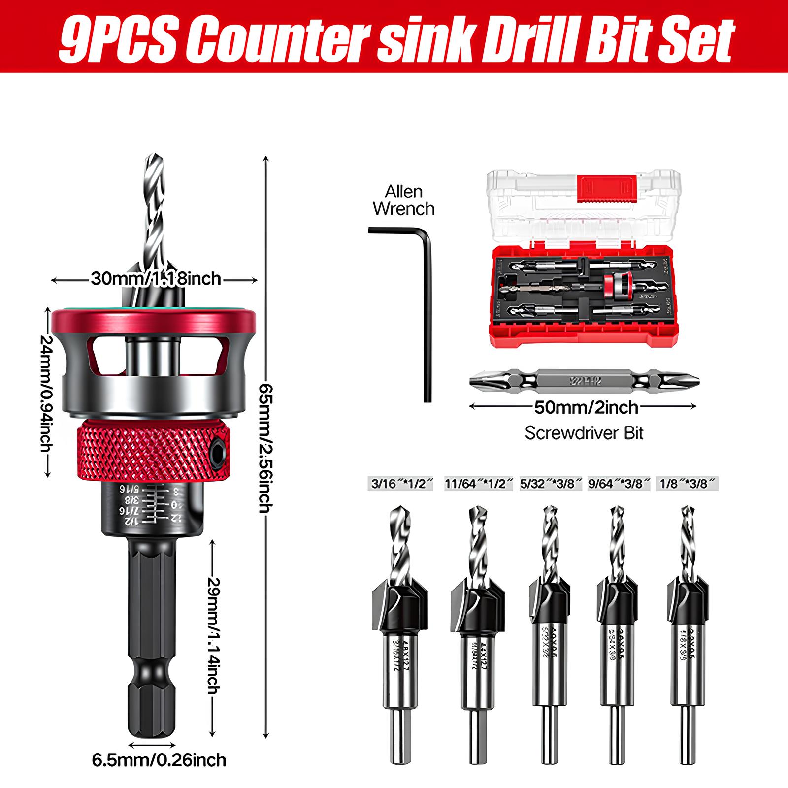 9PCS Countersink Drill Bit Set Adjustable Depth Stop Collar 82 Degree Tapered Hex Shank Wood Drill Bits Clean Countersink Holes No Splitting DIY Woodworking MDF Plywood Screwdriver Bits Home Improvement Tool Set 9PCS Countersink Drill Bit Set Adjustable Depth Stop Collar 82 Degree Tapered Hex Shank Wood Drill Bits Clean Countersink Holes No Splitting DIY Woodworking MDF Plywood Screwdriver Bits Home Improvement Tool Set