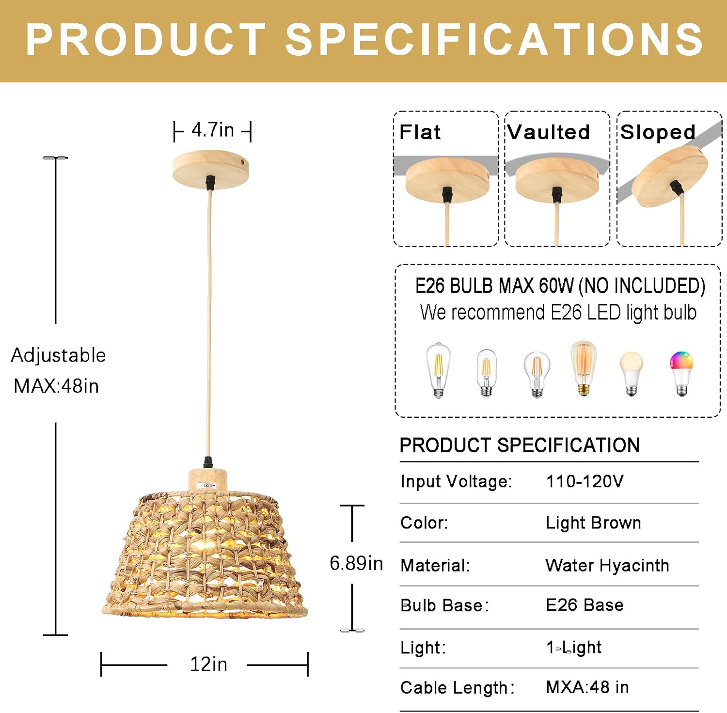 Rattan Boho Pendant Light, 12" 1-Light Hand-Woven Wicker Water Hyacinth Cone Hanging Light for Kitchen Island Dining Room