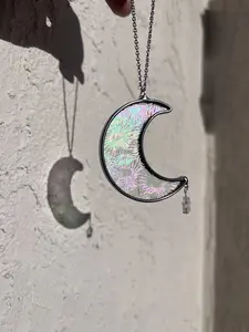 KawaiiGlassCo Rainbow Iridescent Stained Glass Mini Moon Car Charm - Handmade with Iridescent Florentine Stained Glass!