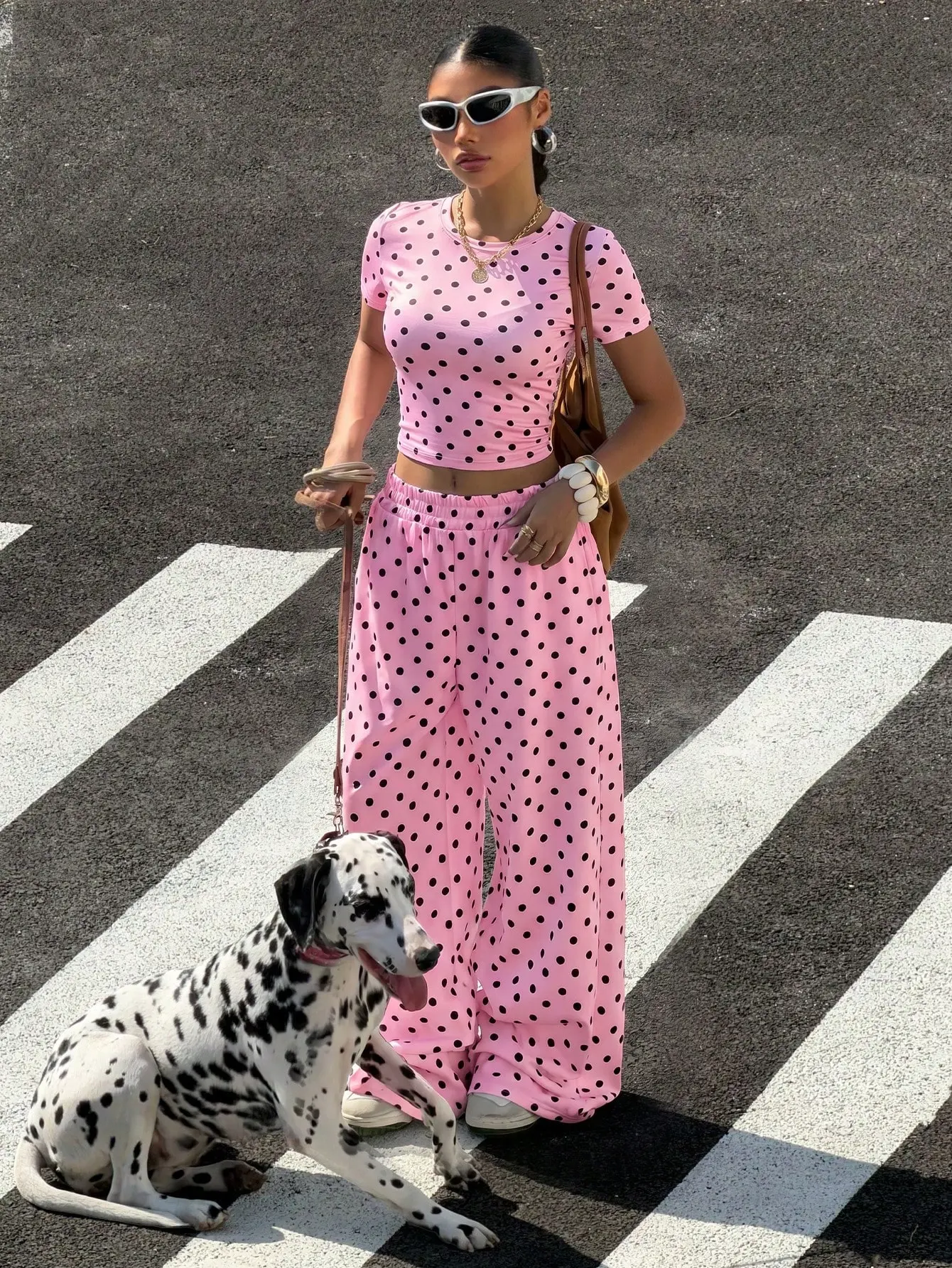 NBH Summer Polka Dot Print Tight Short Sleeve T-Shirt And Loose Sweatpants 2 Pieces Set Pink Black Cute Y2k