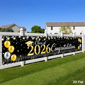 1pc Large Graduation Banner, 200*40cm Class Of 2026 Congrats Grad Yard Sign. Black Gold/Blue White/Black White Gold. 2D flat hanging welcome sign for graduation party, fence, garage, garden, porch, backdrop, home wall & room decor.