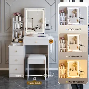 29.2" Small Size Left Bedside Cabinet Vanity Table + Cushioned Stool, 2 AC+2 USB Power Station, Hair dryer bracket, Extra Large Touch Control Sliding LED Mirror, Tri-color Switching, Brightness Adjust