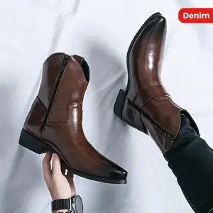 Men'S Vintage Style Western Cowboy Boots - PU All-Season Slip-On Chukka with Pointed Toe for Equestrian Sports, Rock, Denim Fashion - Retro Solid Short Boots with Rubber Sole for Casual, Outdoor Camping & Vacation Fathersdaygift Walking ShoesRAIMENTRY