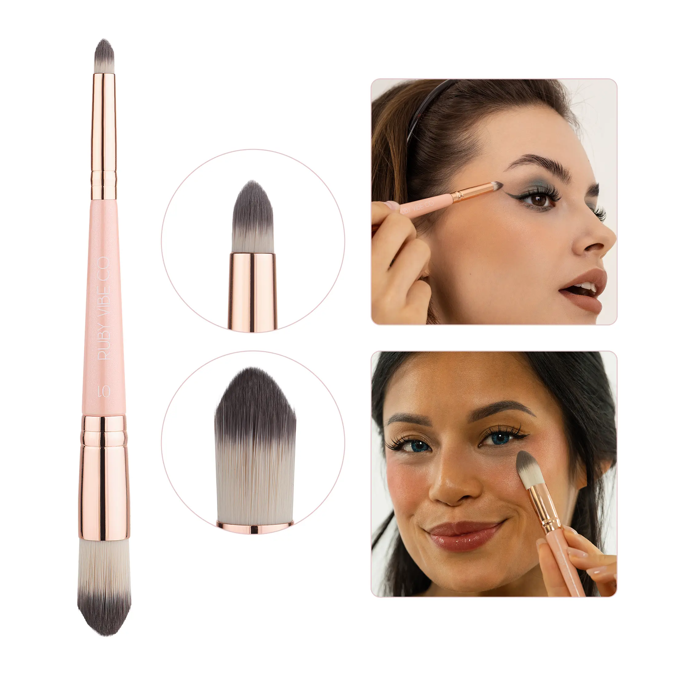 RUBY VIBE CO Cover+Correct Duo Brush, Dual-Ended Highlighter & Concealer Brush, 2-in-1 Contour Brush for Face, Precision Concealer Brush Under Eye, Nose Contour Brush, Cream Bronzer Brush