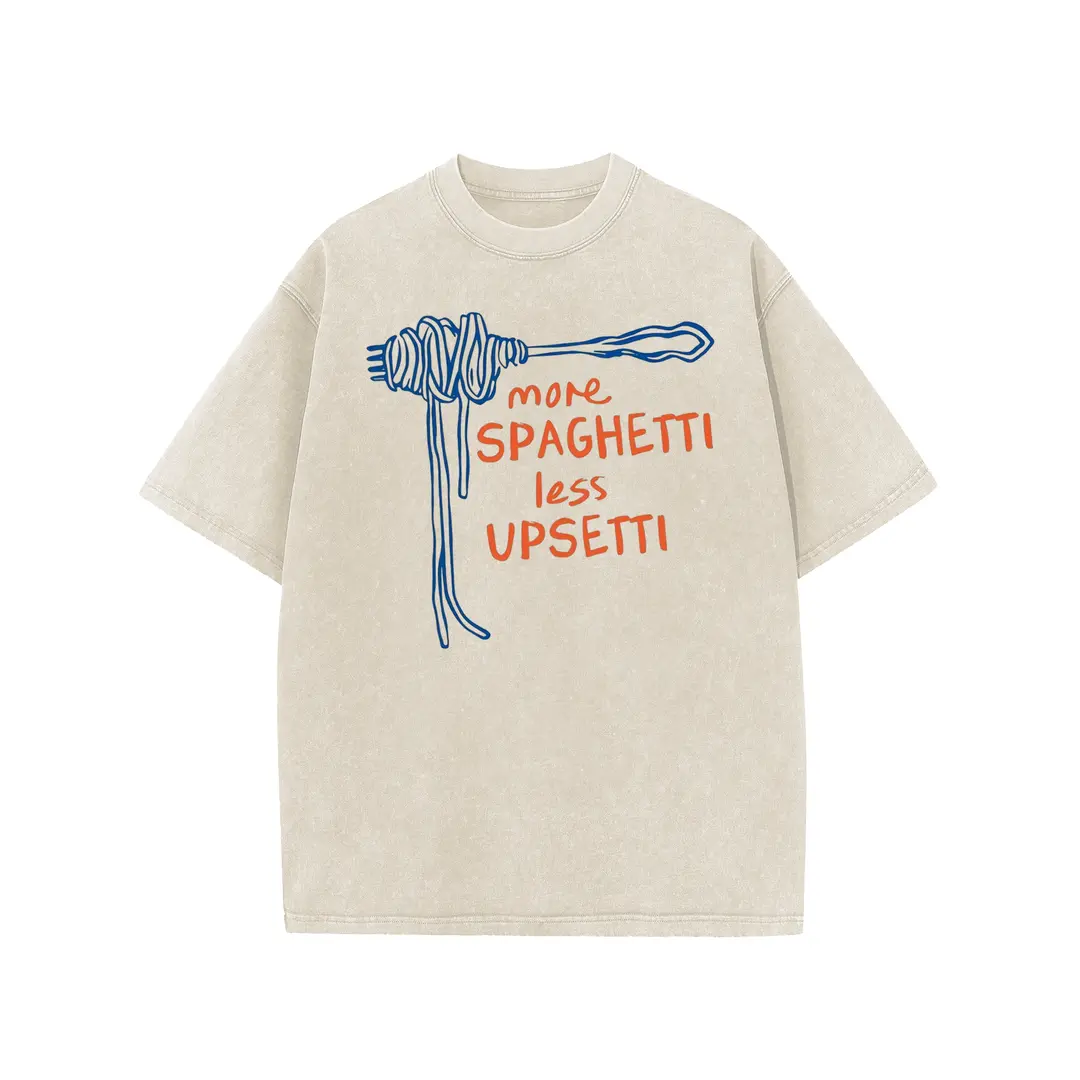 Women's More Spaghetti Less Upsetti Graphic T-Shirt, Vintage Acid Washed 100% Cotton Crewneck Tee, Stylish Breathable Short Sleeve Top, Tops, Fabric, Fashion, Print, Round Neck