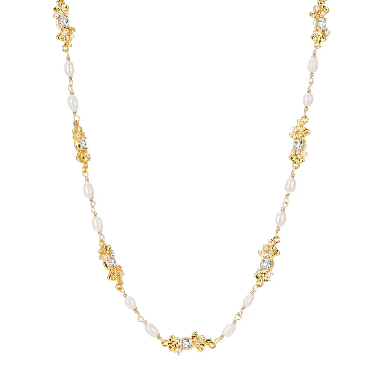 Maison Foufou Laurent Pearl Golden Necklace, 18K Gold Plated on Brass with Zirconia & Pearls, Dainty Elegant herringbone Jewelry for Everyday Wear & Layering tarnish proof, girlfriend gifts accessories