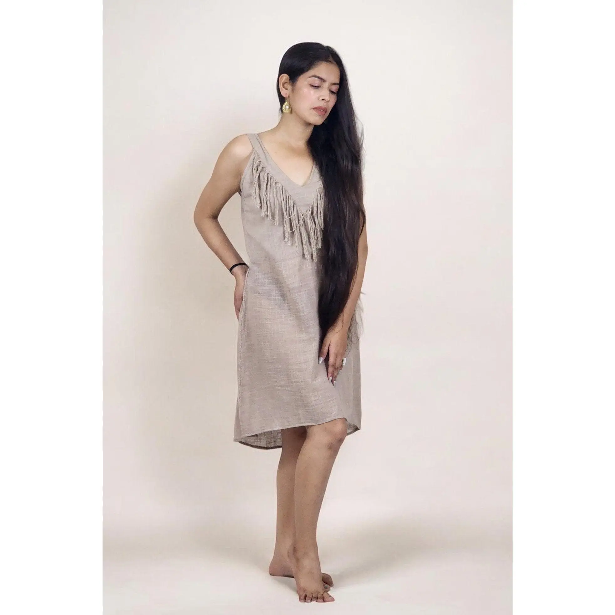 Organic Linen Goddess Mini Dress with Fringe - Dusty Rose, Sleeveless, Casual Bohemian Fashion for Evening, Eco-Friendly Fabric, Size S-XL, Loose Fit