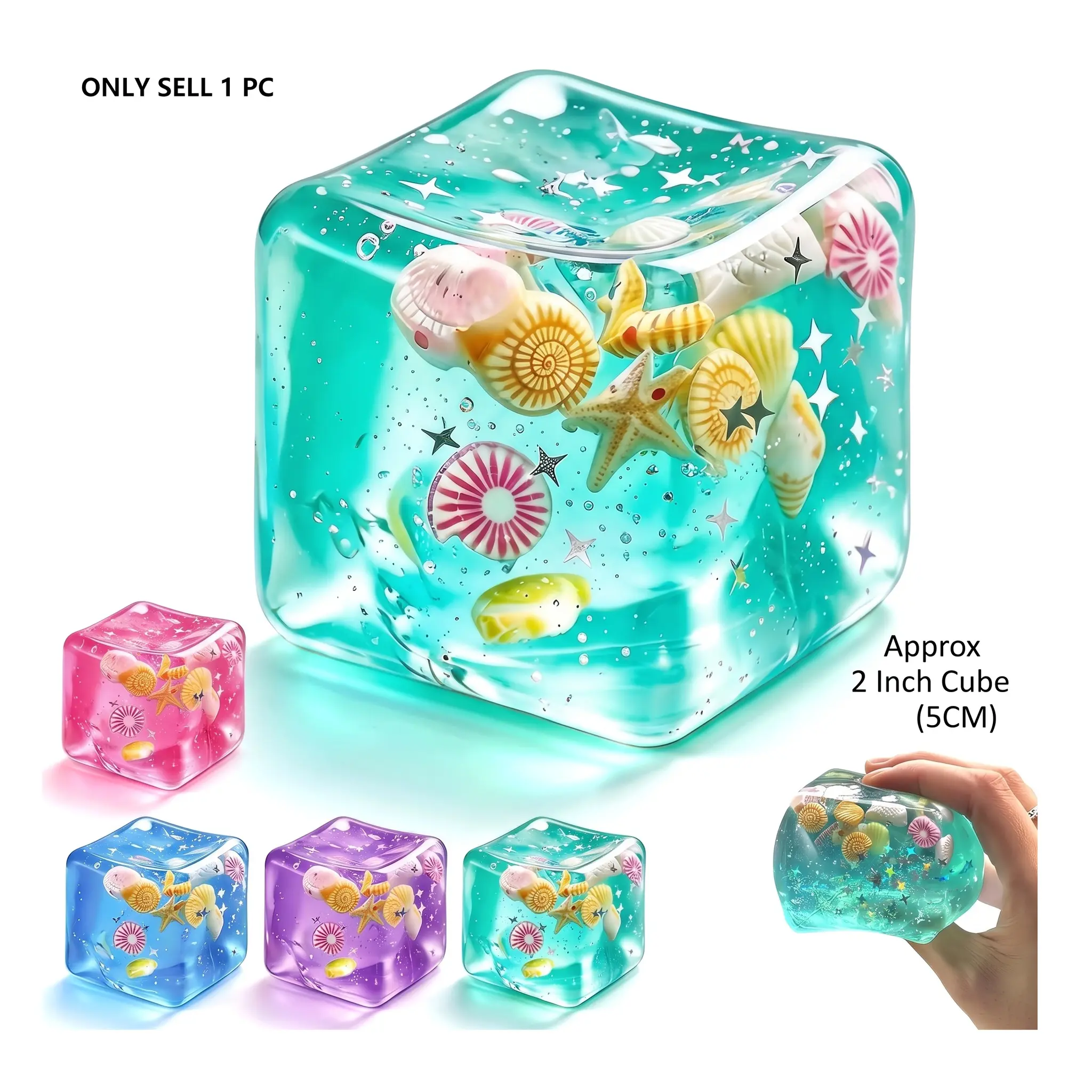 Ocean Cube Squishy Stress Ball, Summer Vibes Slow Rising Squeeze Toy for Anxiety Relief  Transparent Sea Shell Fidget Toy, Cute Summer Sensory Toy for Kids & Adults, Non-Toxic