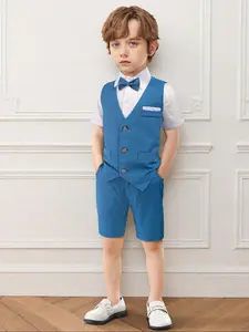 Boy's Solid Short Sleeve Button Front Shirt & Vest & Shorts & Bow Tie Set, Elegant Formal Summer Clothes for Wedding Party, Kids Performance Clothing