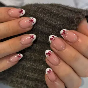 24pcs Short Oval French Bow Design Acrylic Press-On Nails Set, Fake Nails, Includes Jelly Glue and Nail File, Easy Wear, Perfect for Parties