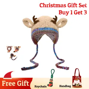 Creative Reindeer Knitted Xmas Beanie&Bag 2-in-1, Christmas Antler Hat (It can be used as a handbag), Knitted Ear Protection Windproof Warm viral hat,  Without limiting the circumference of the head, Thanksgiving & Christmas Holiday Gift Set