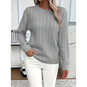Women's Solid Textured Sweater, Casual Drop Shoulder Long Sleeve Round Neck Jumper for Fall & Winter, Ladies' Knitwear for Daily Wear, Womenswear