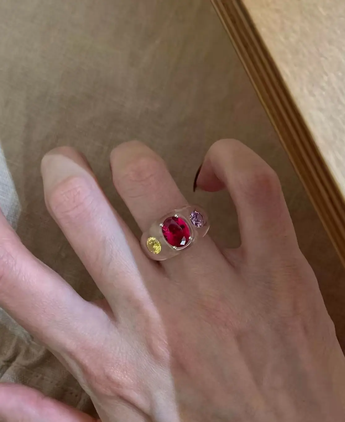 Vintage Multi Color Oval Zircon Ring, Transparent Resin Band Three Stone Pink Yellow Purple Crystal Statement Cocktail Ring For Women