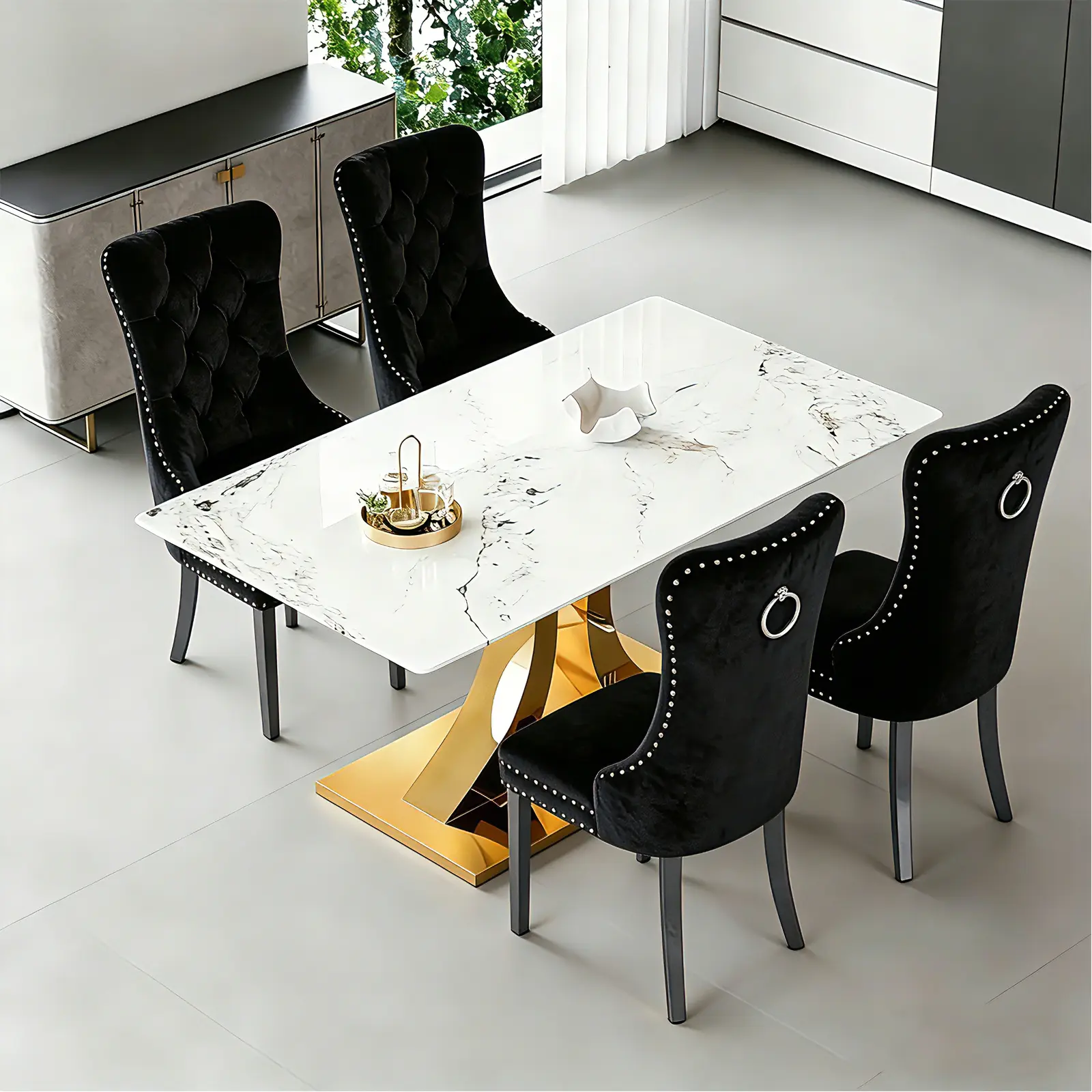 1 Table+4 Black Solid Wood Leg Chairs