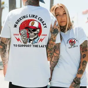 Retro "Working Like Crazy" Graphic T-Shirt, Vintage Funny Hardworking Quote Print 100% Cotton Soft Crew Neck Tee, Unisex Casual Streetwear Top, Trendy Humorous Shirt for Hard Workers, Busy People and Everyday Casual Fans