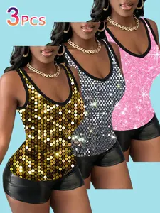 3-Piece Sequined Laser Thin Strap Tank Top, Starry Glitter Deep V Cami, Women's Summer Nightclub Party Stage Sleeveless Vest, Camisole Vest