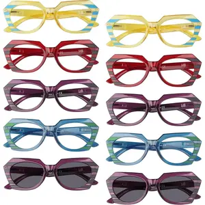 10 Pack Stylish Rectangular Reading Glasses Rhinestone Spring Hinges  With Pattern Design for Women Mix Color