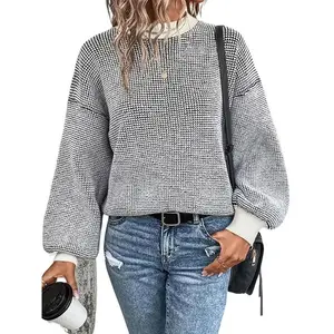 Women's color blocked off shoulder sweater, autumn and winter casual style long sleeved round neck jumper, fashionable women's lightweight knitted daily wearRAIMENTRY